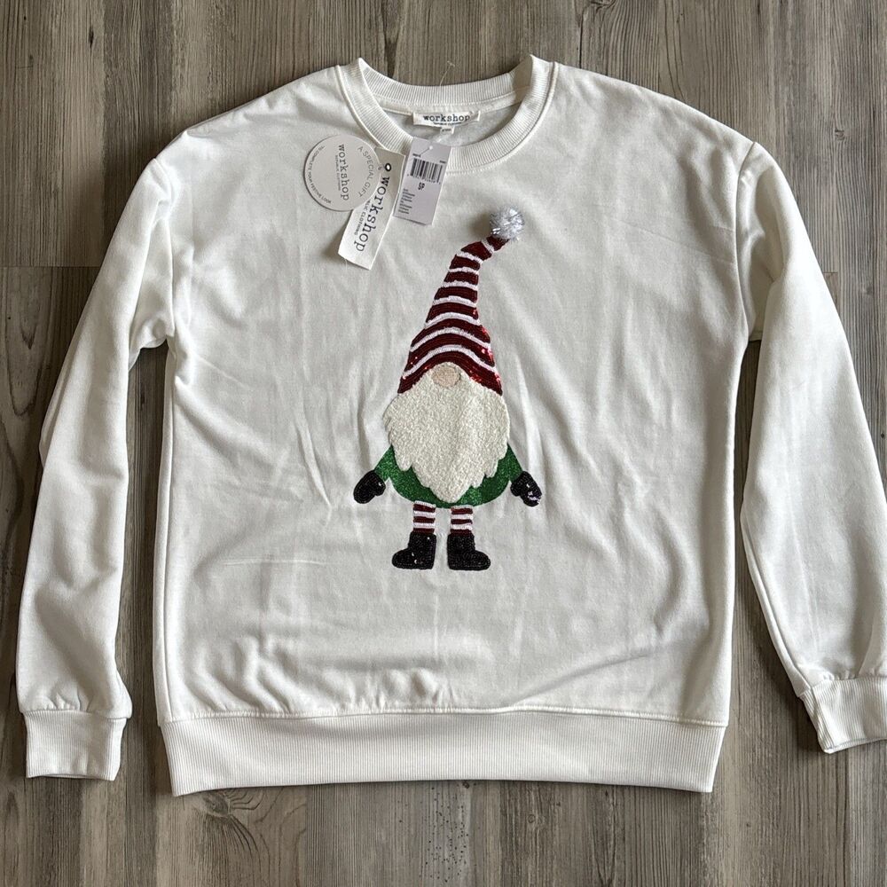 NWT Workshop Republic Clothing Christmas Gnome Sweatshirt White - Size Small